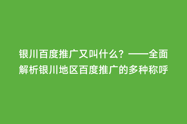 银川百度推广又叫什么？——全面解析银川地区百度推广的多种称呼
